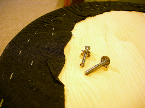 Additional workshop view of foam and cloth the playing field (photo 2) during a DIY poker table build