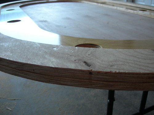 Layered plywood poker table structure with raceway ring during dry-fit and glue-up
