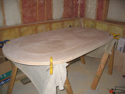 Additional workshop view of dry-fit the table layers (photo 2) during a DIY poker table build